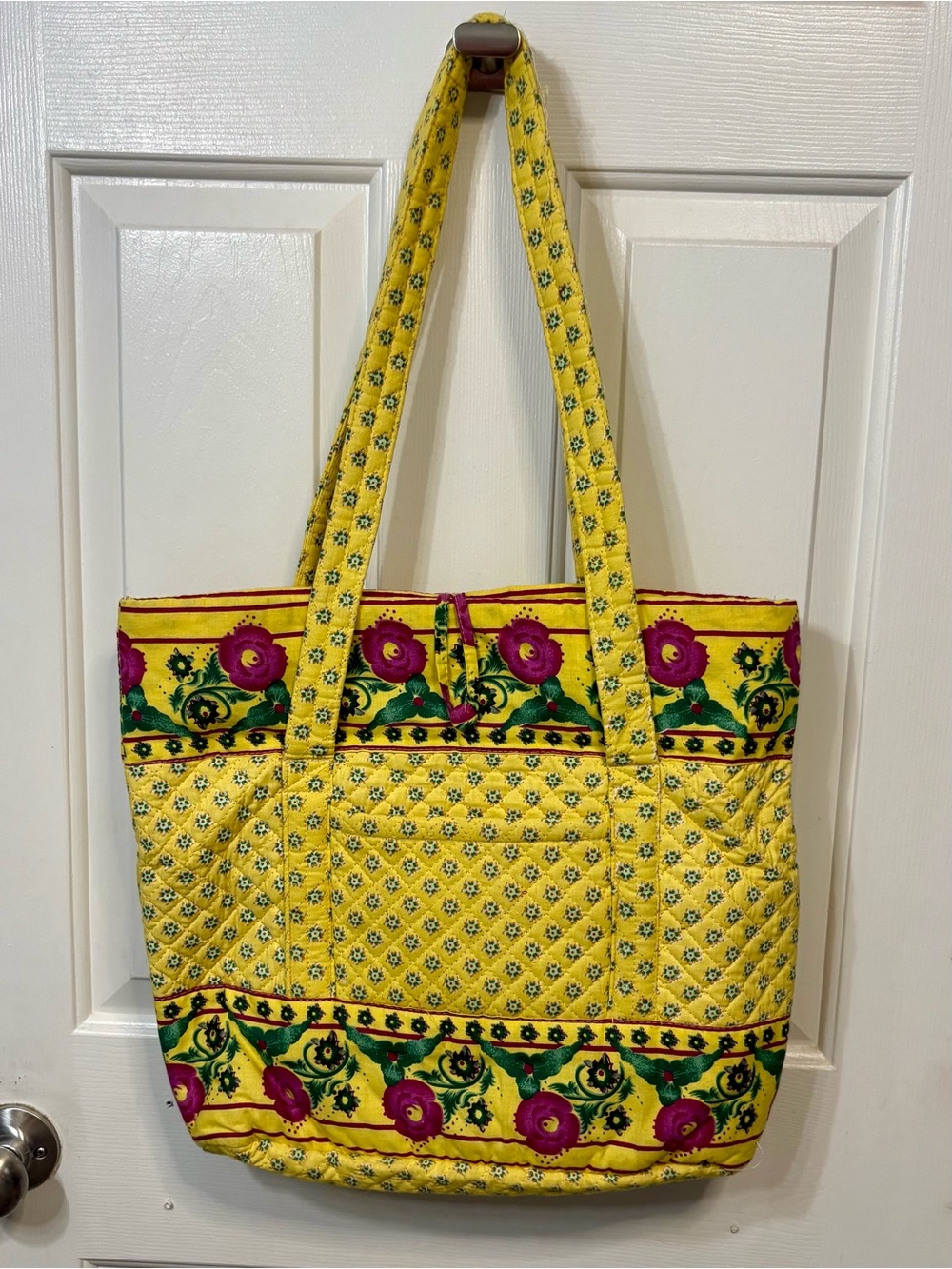 Bright Yellow Quilted Floral-Trim Tote